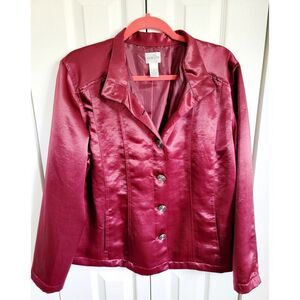 Chico's 3 Maroon Collared Button Up Jacket Silky Material‎ Lined L/S XL